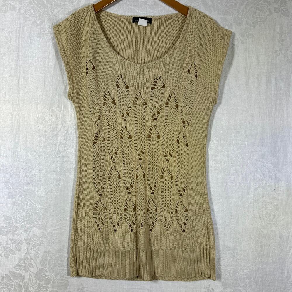 Sweater Project Vintage Large Beige Open Knit Sleeveless Long USA